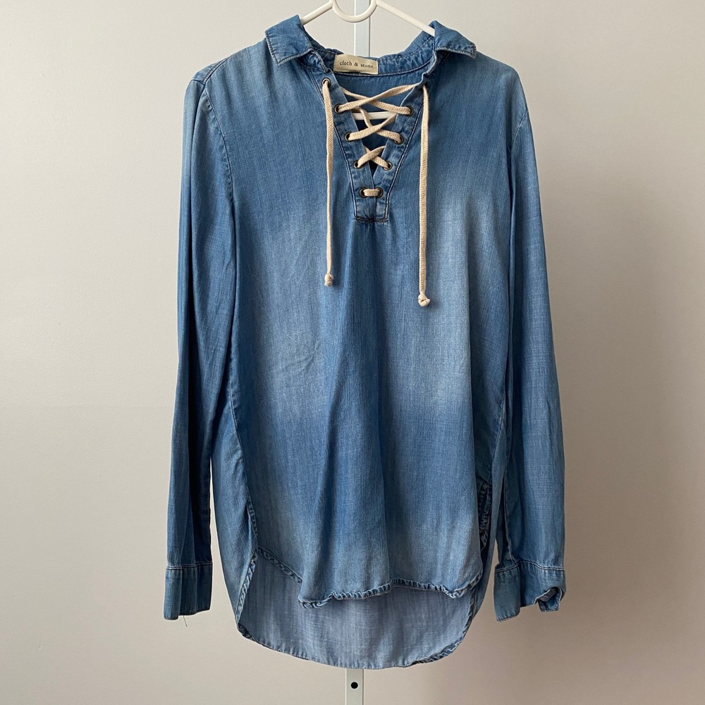 Cloth & Stone Tencel Boho‎ Relaxed Lace Up Denim Blue Tunic XS